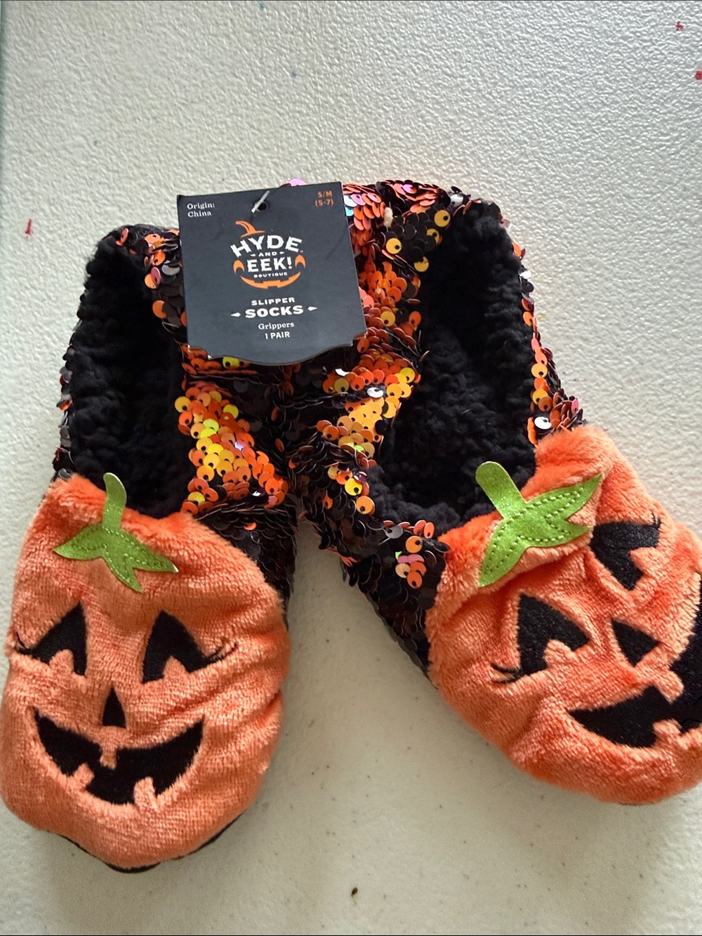 Orange Pumpkin Sequin Slipper Socks